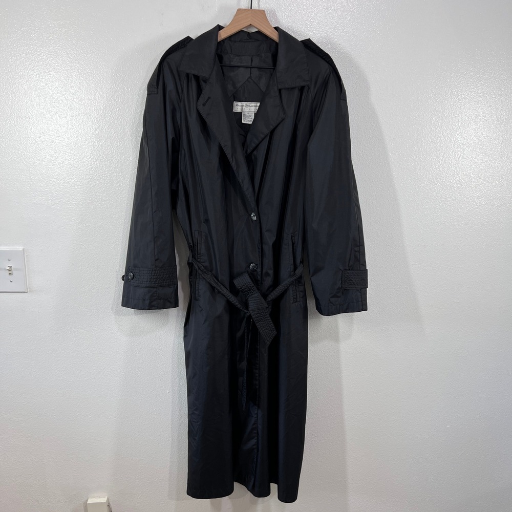 Vtg.80s‎ Maggie Lawrence Black Nylon Trench Coat Rubberized Raincoat Belted Long